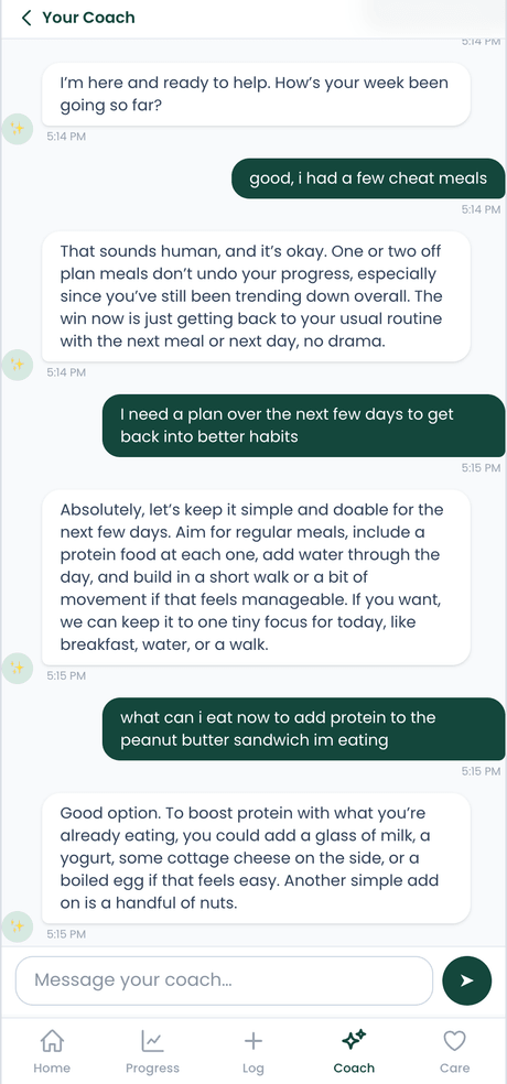 Coach chat screen: a conversation with your coach