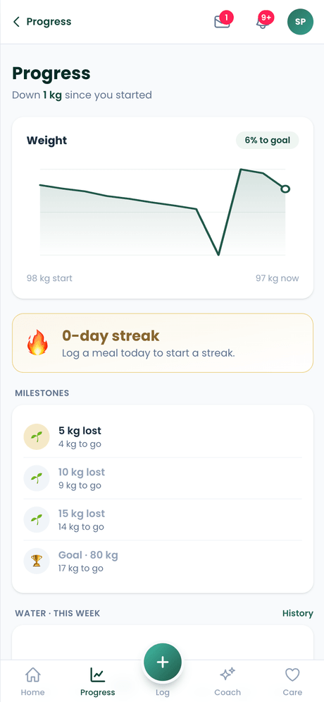 Progress screen: weight chart, milestones and streaks