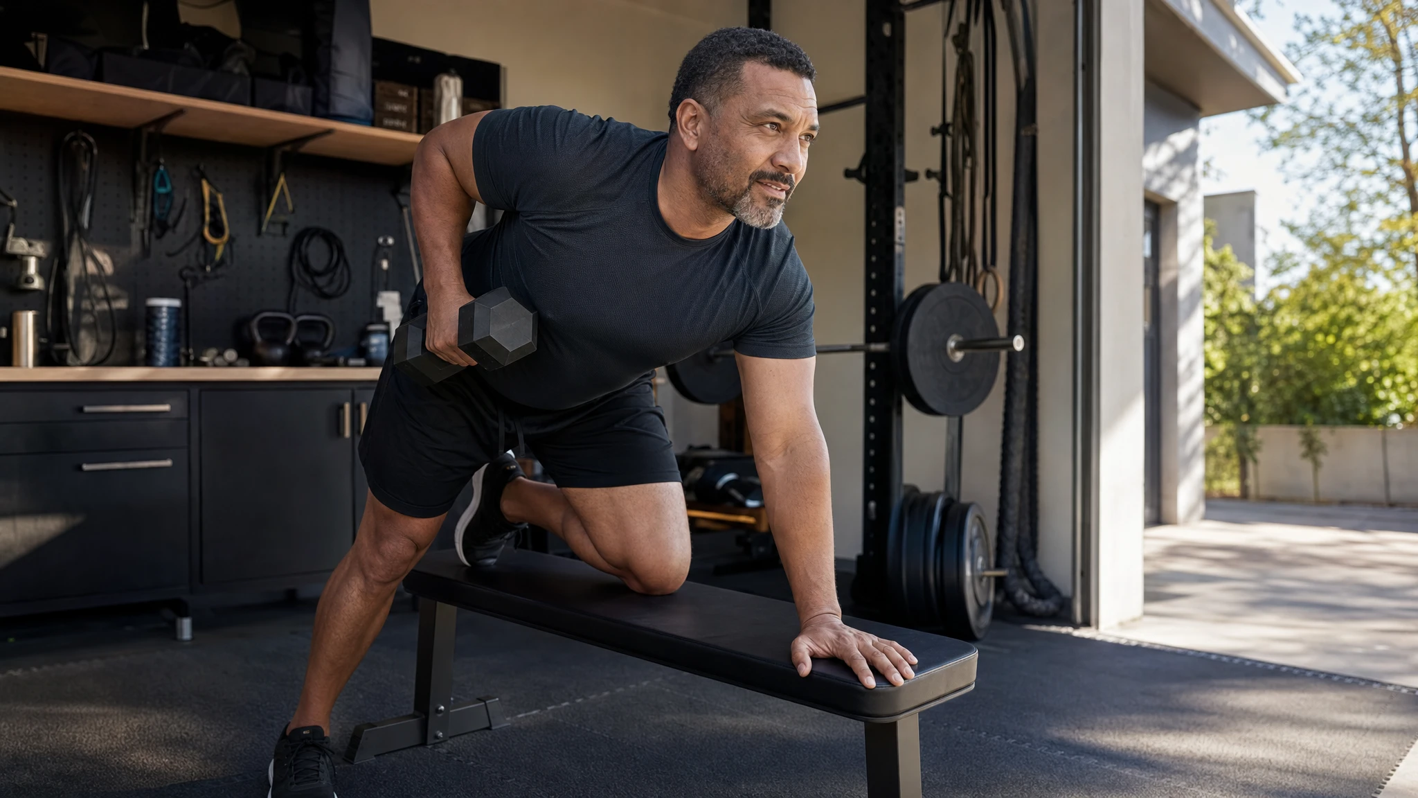 GLP-1 and exercise: man doing dumbbell rows to protect muscle while losing weight