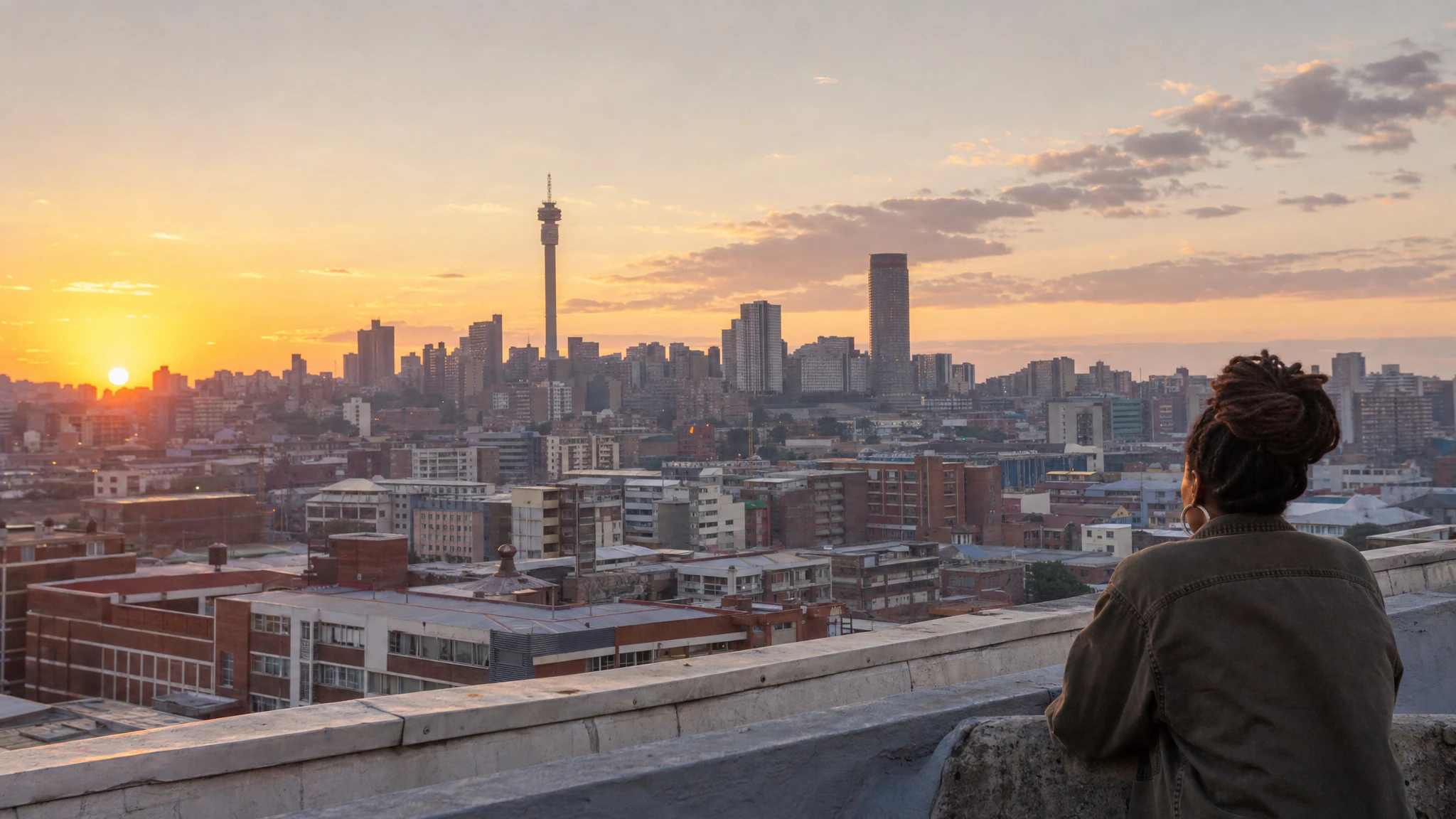 GLP-1 in South Africa: woman overlooking the Johannesburg skyline at dawn