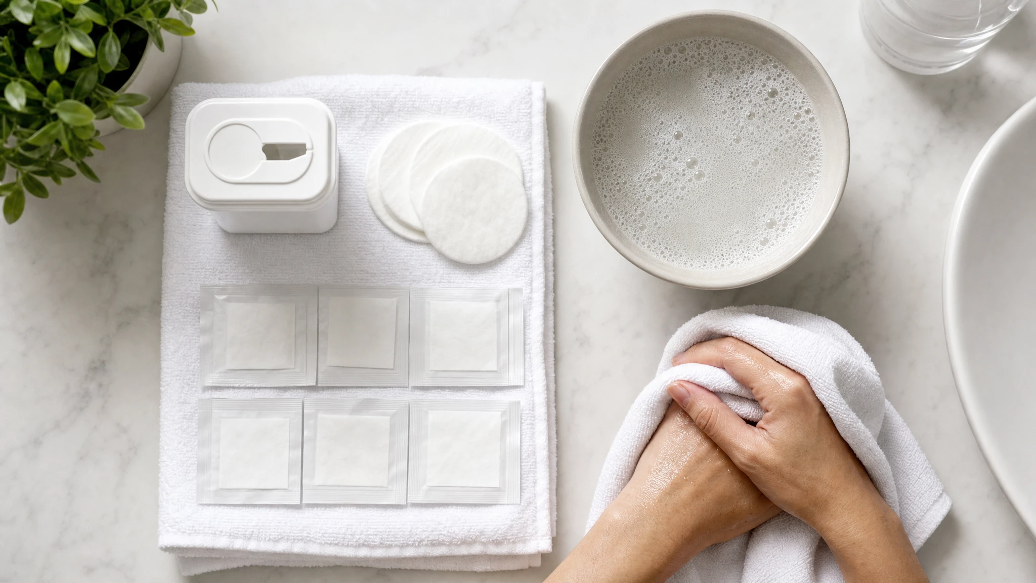 How to inject Mounjaro: washed hands, swabs and cotton pads prepared on a towel
