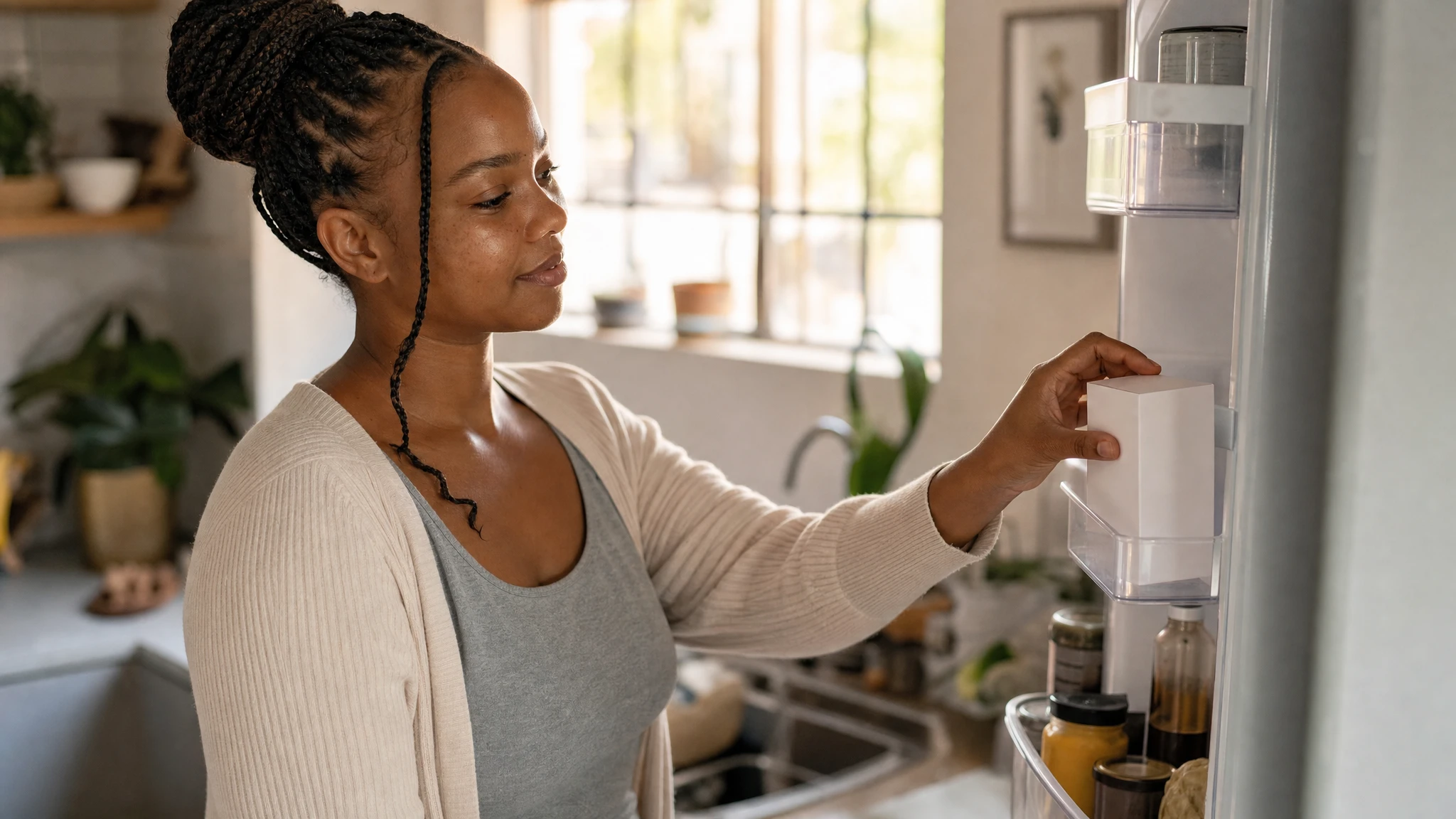 Mounjaro KwikPen storage: woman placing a plain white box on her fridge door shelf