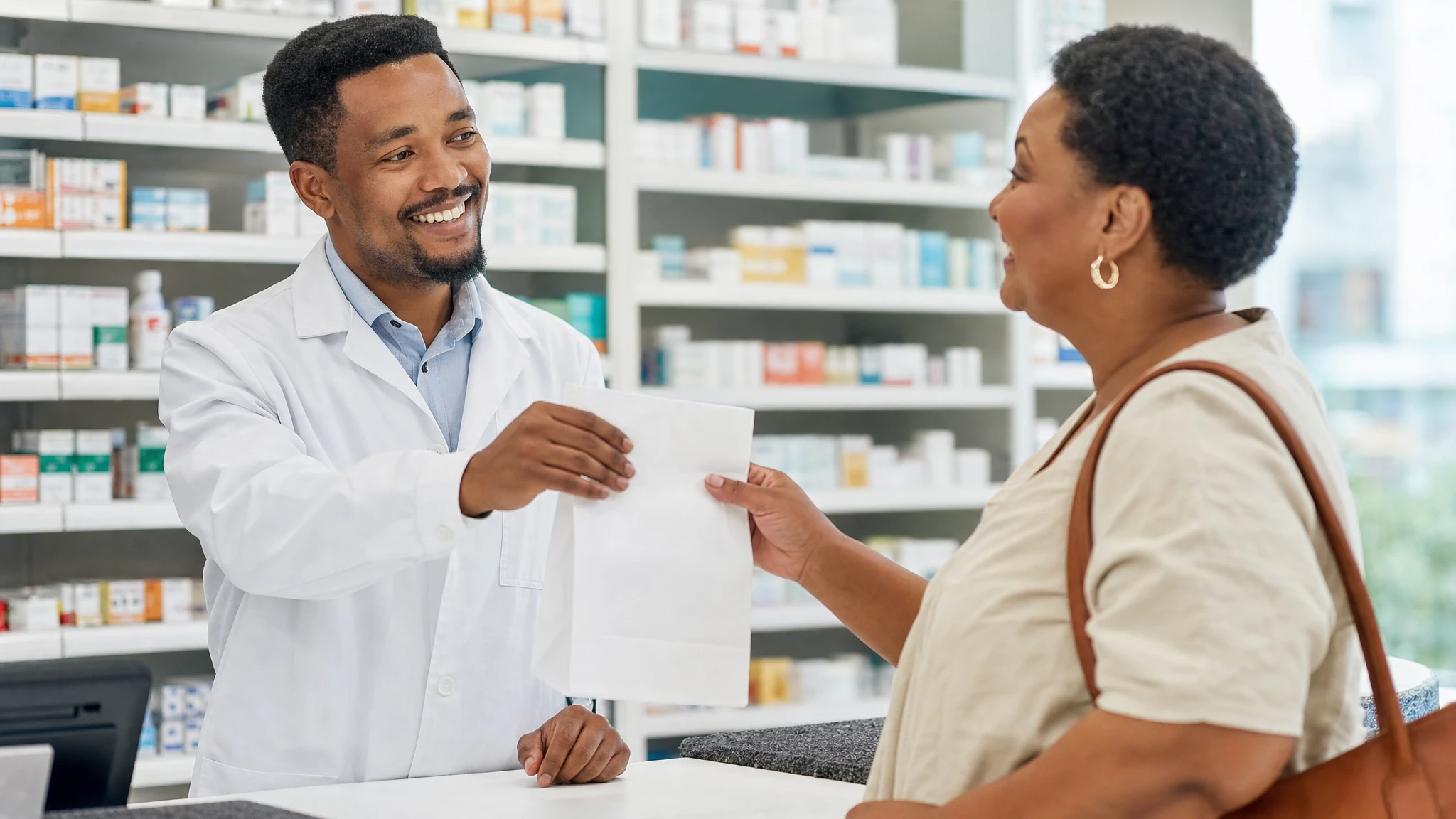 Mounjaro in South Africa: pharmacist handing a patient their medicine at a local pharmacy