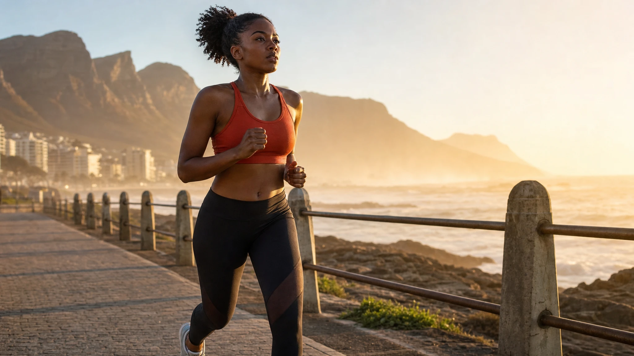 Tirzepatide dual action: woman with steady energy jogging the promenade at sunrise