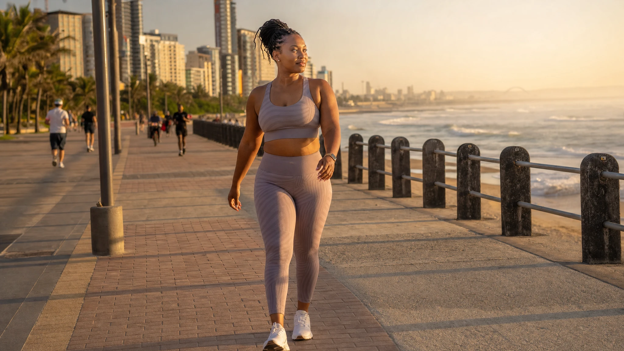Wegovy in South Africa: woman walking the Durban beachfront promenade at sunrise