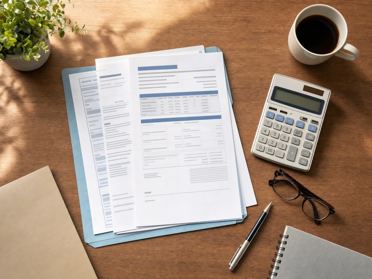 Medical aid documents, calculator and reading glasses laid out for a claim